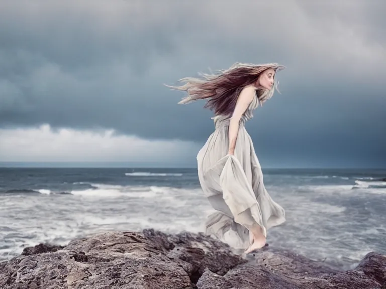 Prompt: cinestill 5 0 d photography of a woman britt marling 3 / 4 style of nicholas fols, 2 0 0 mm, dress in voile, hair like dark clouds floating on air, mute dramatic colours, soft blur outdoor stormy sea background, volumetric lighting, hyperdetailed, hyperrealistic