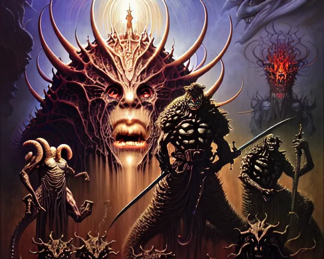 Prompt: the army of darkness and demons, fantasy character portrait made of fractals facing each other, ultra realistic, wide angle, intricate details, the fifth element artifacts, highly detailed by peter mohrbacher, hajime sorayama, wayne barlowe, boris vallejo, aaron horkey, gaston bussiere, craig mullins