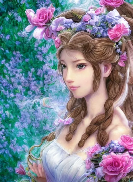 Prompt: elegant Aerith Gainsborough the Queen of flowers. ultra detailed painting at 16K resolution and epic visuals. epically surreally beautiful image. amazing effect, image looks crazily crisp as far as it's visual fidelity goes, absolutely outstanding. vivid clarity. ultra. iridescent. mind-breaking. mega-beautiful pencil shadowing. beautiful face. Ultra High Definition. amazingly crisp sharpness. high quality film still. processed twice. film grain. graphic novel poster.