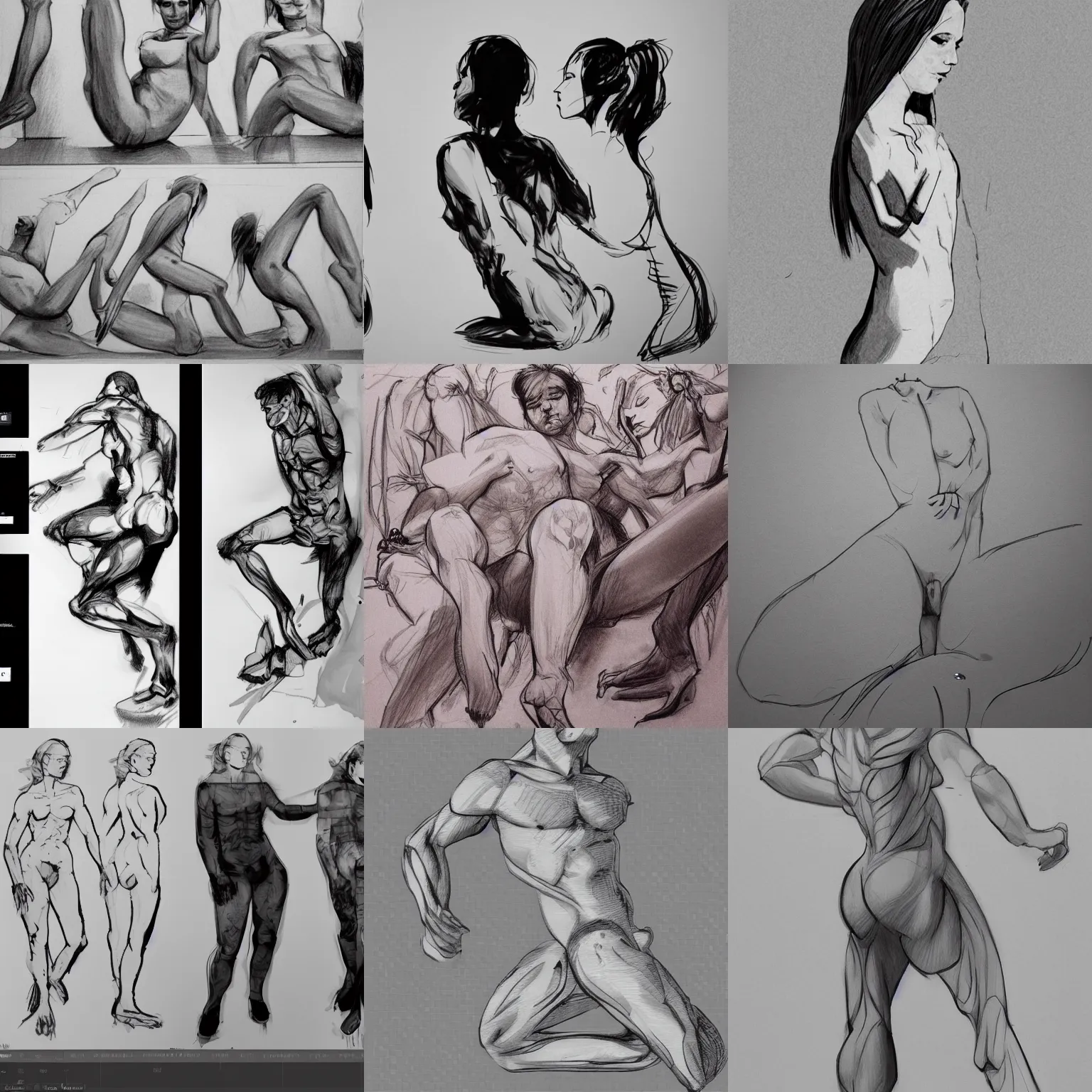 Prompt: pose reference, posing, drawing, tutorial, black and white, line art, human posing, anatomy study, white background,