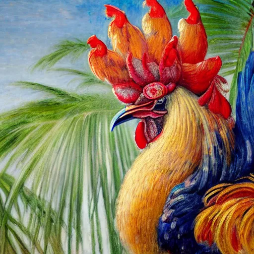 Image similar to a ultradetailed beautiful painting of a rooster in the amazonas palace balustrade designed by jules bastien - lepage, hans belmer, frank weston and gustave baumann, beach, trending on artstation, mediterranean, palm trees, refracted color sparkles, sharp focus, soft light, 8 k 4 k