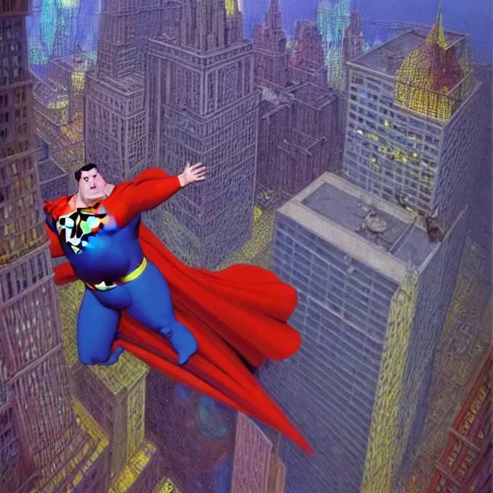 Image similar to hyperrealistic mixed media portrait of a a mordidly obese superman floating through the air over empty city streets at midnight, despair, stunning 3d render inspired art by P. Craig Russell and Barry Windsor-Smith + perfect facial symmetry + dim volumetric lighting, 8k octane beautifully detailed render, post-processing, extremely hyperdetailed, epic composition, grim yet sparkling atmosphere, cinematic lighting + masterpiece, trending on artstation