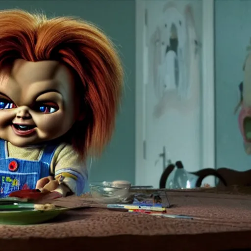 Image similar to stunning awe inspiring chucky the killer doll pixar movie, movie still 8 k hdr atmospheric lighting