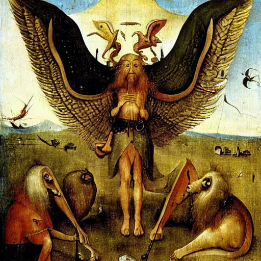 Prompt: winged assyrian lion by hieronymus bosch,