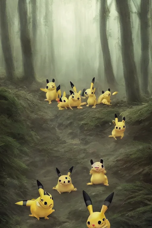 Image similar to A group of Pikachus in the forest, illustrated by Greg Rutkowski and Caspar David Friedrich., Trending on artstation, artstationHD, artstationHQ, 4k, 8k