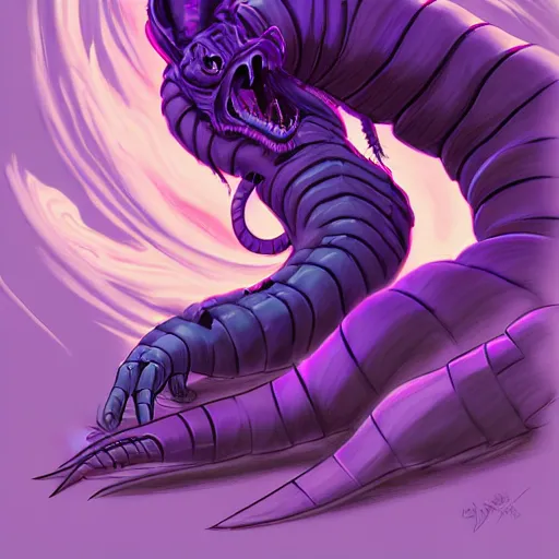 Prompt: don bluth, artgerm, joshua middleton, purple color pallete, welcome to night vale, lighthouse in the desert, giant centipede, spooky strange weird quirky, cartoon, 2 d, shades of purple