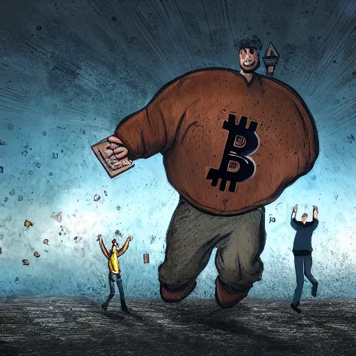 Prompt: people running away scared from a giant with bitcoin head, cinematic, comic art, hyper-realistic, cryptocurrency, 8k