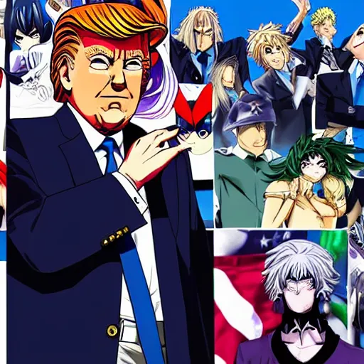 Prompt: trump as a jojo character, anime key visual, jojo the bizarre adventure