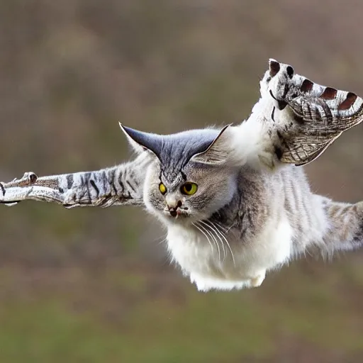 Prompt: cat and owl hybrid in flight