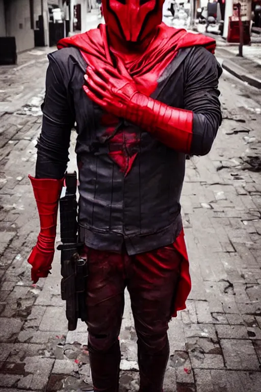 Prompt: red hood cosplay, creepy, disturbing, bloody, darkness, grainy, urban