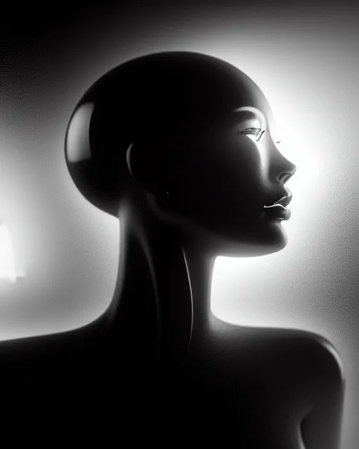 Image similar to black and white high quality photo of a beautiful female human-cyborg looking into a sci-fi mirror, volumetric lighting, liminal space, brutalism, foggy, dreamy, hyperdetailed, bokeh, photorealistic, cinematic, masterpiece, Metropolis, elegant, dark, octane render, 8K, in the style of Man Ray
