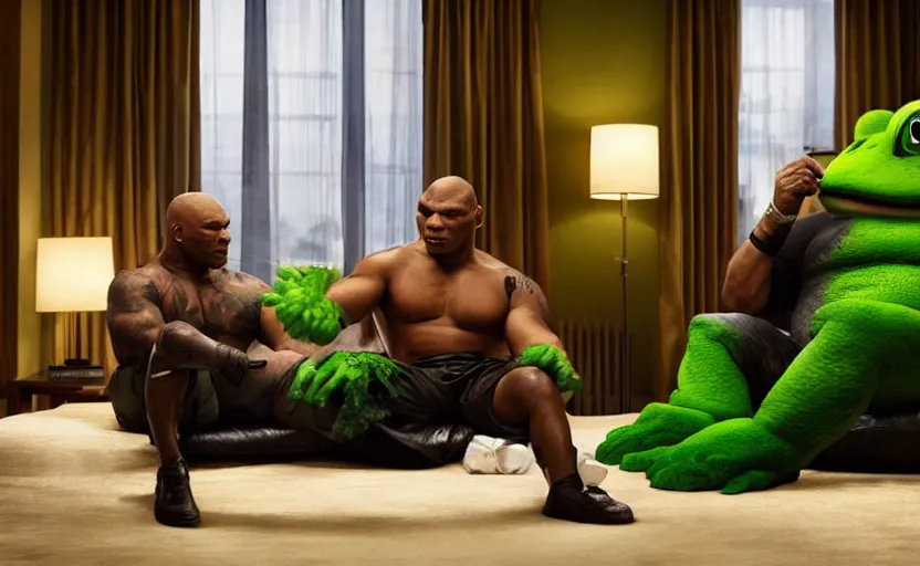 Image similar to a giant green toad sitting with mike tyson in a large clean hotel room, on a couch, movie directed by martin scorsese and christopher nolan, masterpiece, 8 h