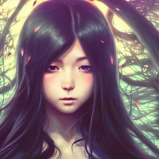 Image similar to a beautiful girl with long dark hair, wearing a ninja uniform, forest background, fantasy, intricate, highly detailed, digital painting, artstation, official media, anime key visual, concept art, rich vivid colors, ambient lighting, sharp focus, illustration, art by Artgerm, Makoto Shinkai, Ilya Kuvshinov, Lois Van Baarle, and Rossdraws