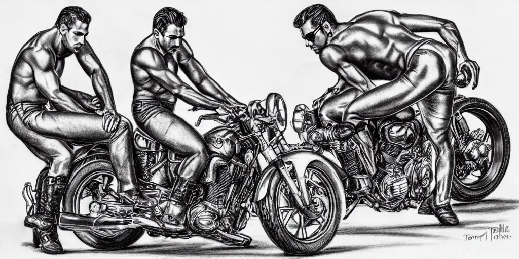 Prompt: men and motorcycles, detailed physique pictorial high quality pencil and ink drawing by tom of finland