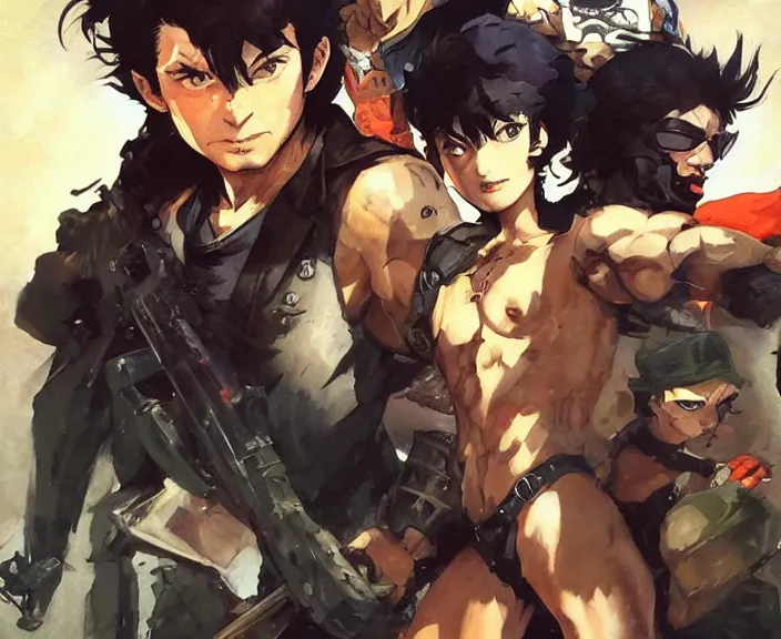 Prompt: psycho bandits in giant muscle vehicles, by shigenori soejima, by frank frazetta, by thomas kinkade, by ilya kuvshinov, digital painting masterpiece, beautiful brush strokes, advanced lighting technology, symmetry!!!, accurate and realistic faces and anatomy