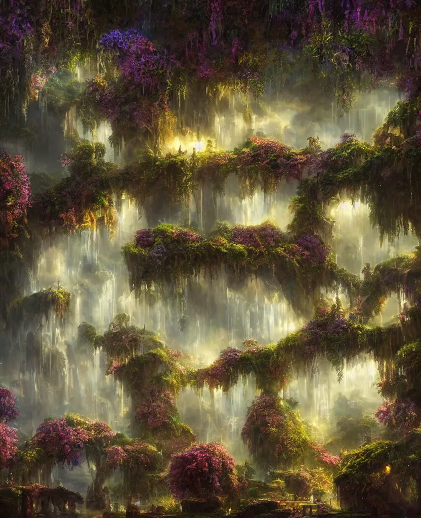 Prompt: a surreal dreamlike scene of a distant view of an impossibly beautiful garden in the sky suspended on glowing pillars of light, extravagant matte painting, highly detailed oil painting, 8k, devastatingly majestic atmosphere, elegant cinematic fantasy art, overwhelming depth and detail, magic, vibrant colors, intricate masterpiece