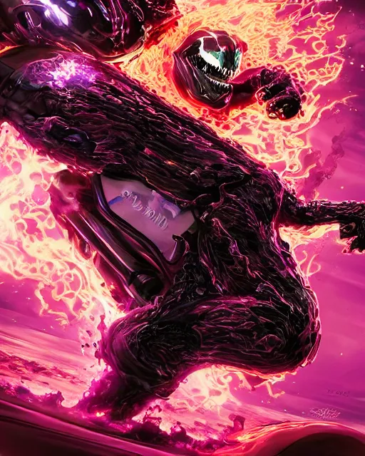 Image similar to ghost rider symbiote, purple and red variant, dynamic lighting, fantasy concept art, trending on art station, stunning visuals, creative, cinematic, ultra detailed, comic strip style