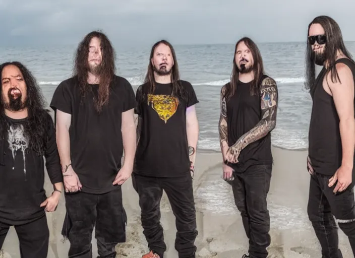 Image similar to photo of members of a death metal band enjoying a day at the beach