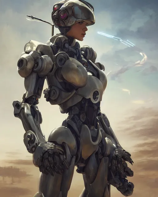 Image similar to daniel gerhartz and artgerm full portrait digital rococo painting of a beautiful serious woman wearing a mecha suit, war torn battlefield in the background, unreal engine, hyper realism, realistic shading, cinematic composition, blender render, octane render, hdr, detailed textures, photorealistic, wide shot, 3 5 mm film