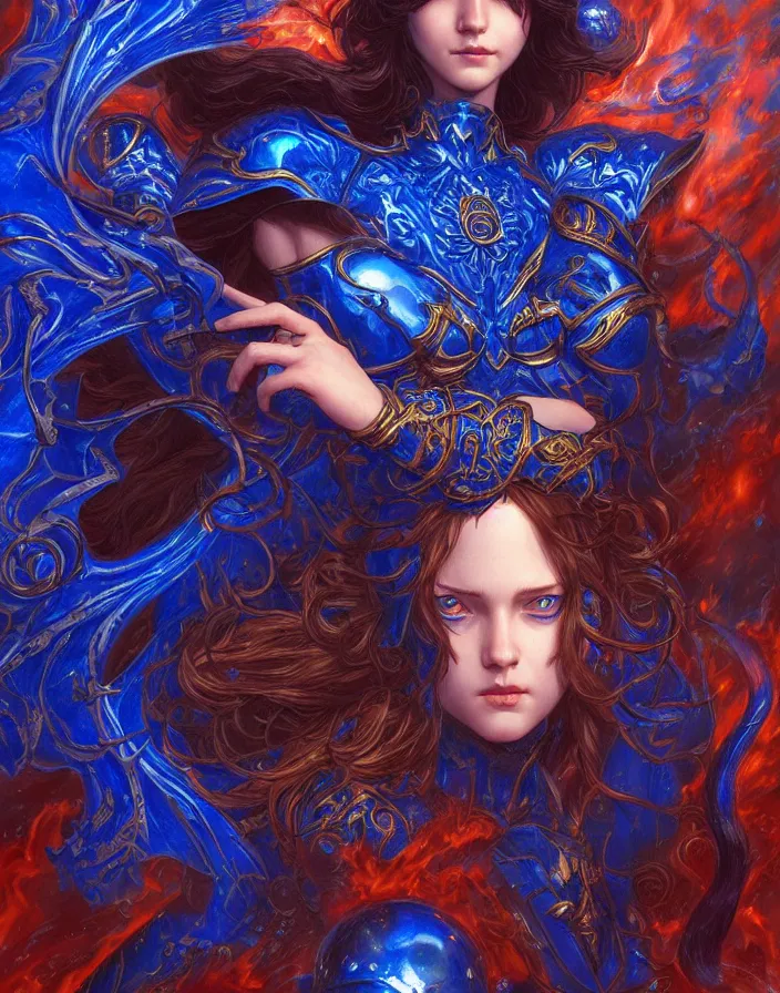 Image similar to young morgana, battle mage, brilliant royal blue flames surrounding her, intricate detail, ornate, tarot card, digital artwork by artgerm and lily abdullina, wpol and sarasti, donato giancola and android jones, artstation