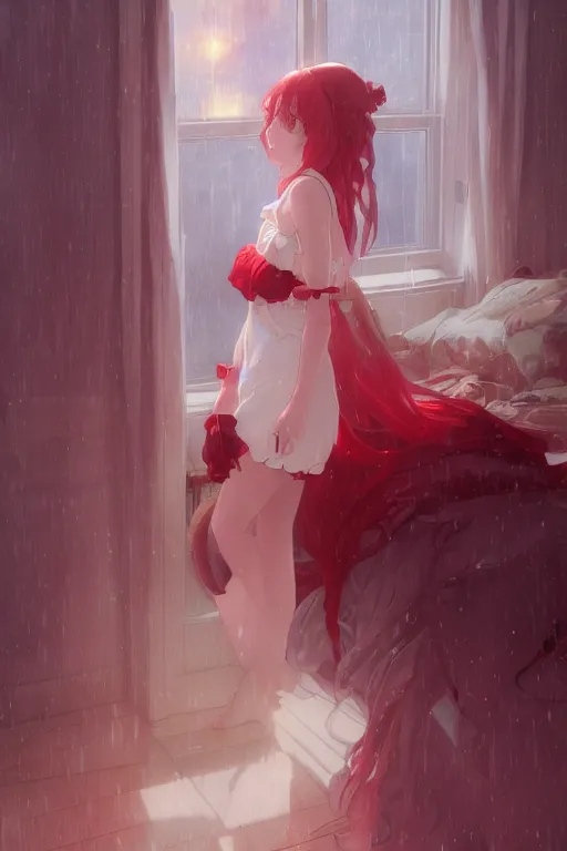 Image similar to a girl in a maid's outfit in the bedroom a night, raining outside the window, red theme, wavy white long hair, by krenz cushart and mucha and akihito yoshida and greg rutkowski and makoto shinkai, 4 k resolution