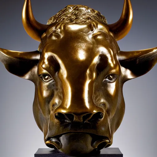 Image similar to professional color photograph of a patinated bronze portrait bust of an angry bull supported by a bronze plinth, by Auguste Rodin