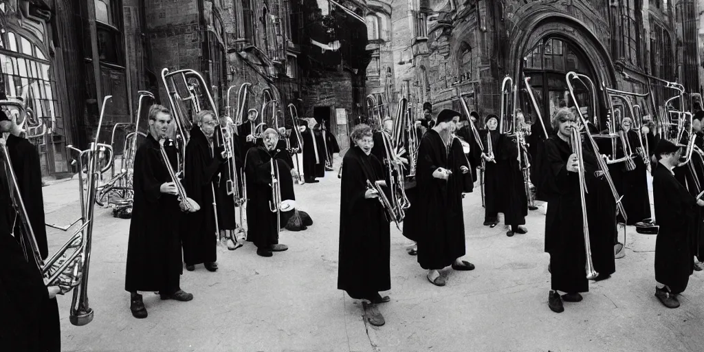 Prompt: short people in black robes standing in a straight line to a pile of brass musical instruments, frightening, ghastly, photorealistic, old film, 3 5 mm film, found film, scary, ominous, by bruce davidson, on hasselblaad