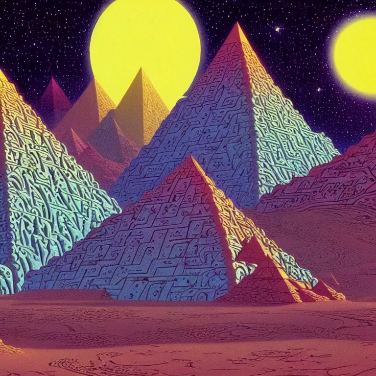 Image similar to cosmic pyramids, crescent moon, desert journey, bright neon colors, highly detailed, cinematic, eyvind earle, tim white, philippe druillet, roger dean, ernst haeckel, lisa frank, aubrey beardsley, hiroo isono