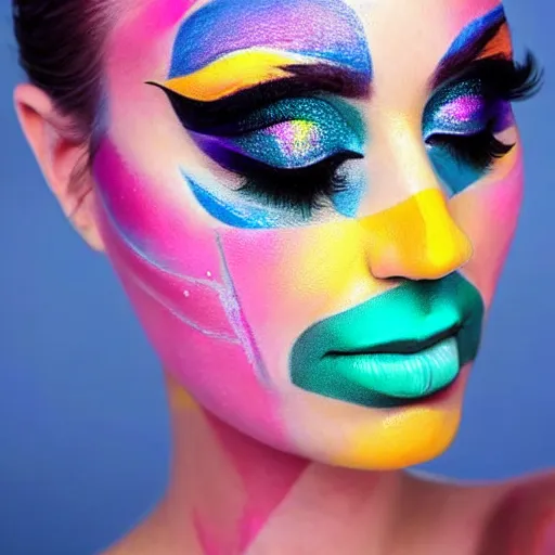 Prompt: a photo of a person wearing colorful geometric makeup