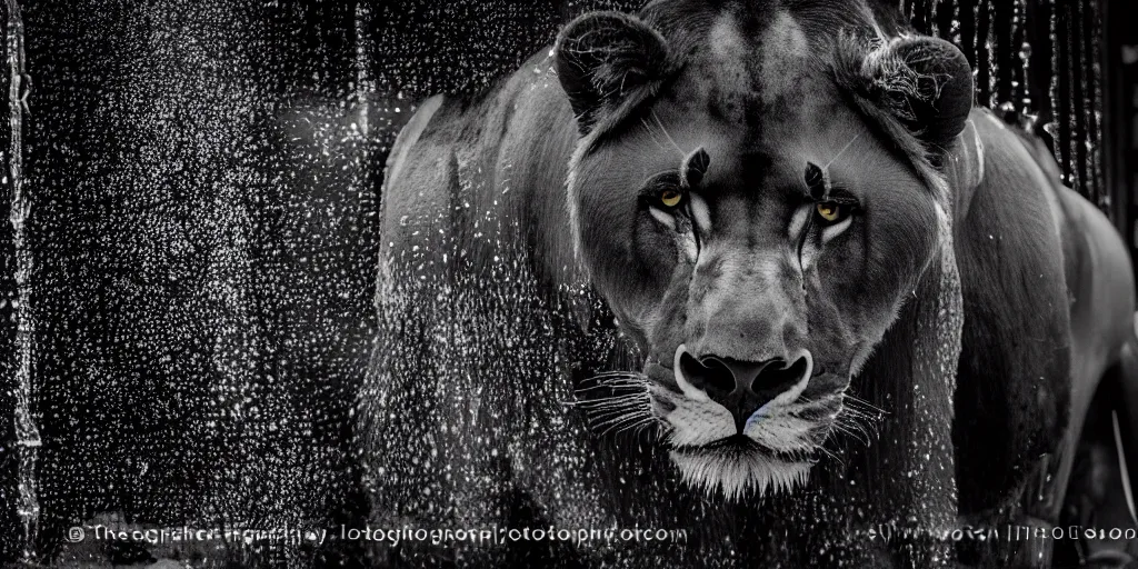 Image similar to the black lioness made of ferrofluid, in the zoo exhibit, viscous, sticky, full of black goo, covered with black goo, splattered black goo, dripping black goo, dripping goo, splattered goo, sticky black goo. photography, dslr, reflections, black goo, zoo, exhibit