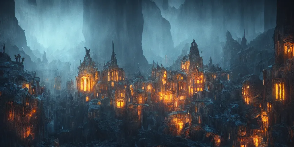 Image similar to A shining dwarven city in a dark cavern, rainy, dark and gloomy atmosphere, fantasy digital art, octane render, beautiful composition, trending on artstation, award-winning photograph, masterpiece