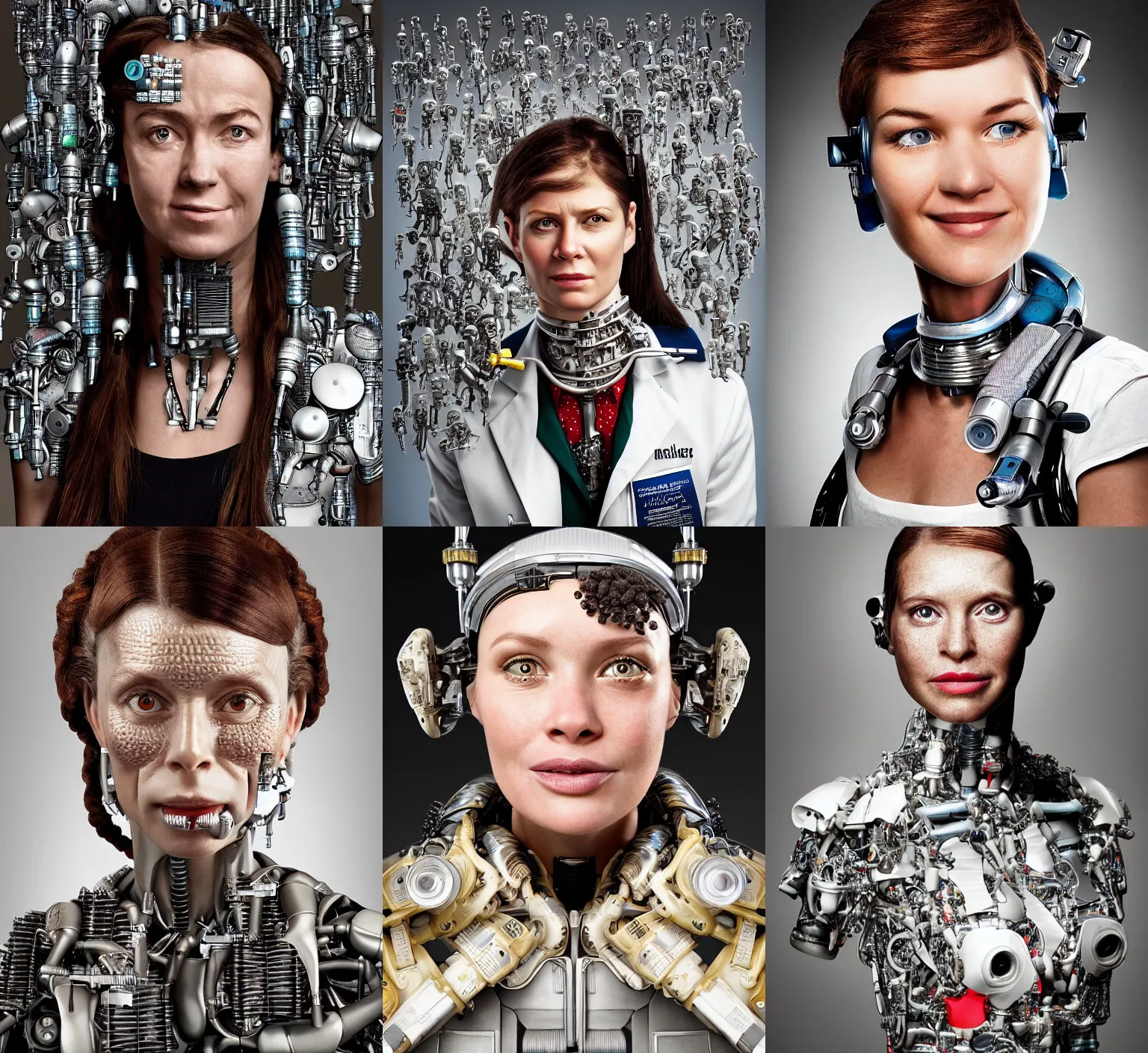 Prompt: head and shoulders portrait photo of an humanlike cyborg pub waitress in 2050, overly detailed textures, by Martin Schoeller