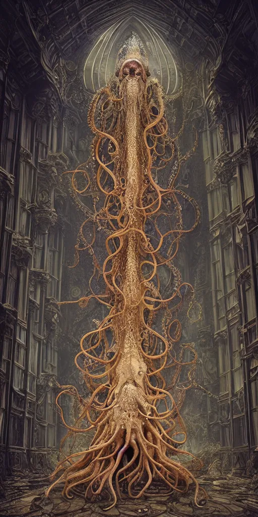 Image similar to group of people species mages with octopus heads and a lot of small translucent jellyfishes floating around inside an ancient mage castle hall colossal scale, gothic and baroque, brutalist architecture, ultradetailed, Intricate by Ellen Jewett and Josan Gonzalez and Giuseppe Arcimboldo