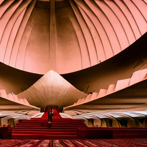 Image similar to interior of an art deco lotus temple with gold, red and white marble panels, in the desert, by buckminster fuller and syd mead, intricate contemporary architecture, photo journalism, photography, cinematic, national geographic photoshoot