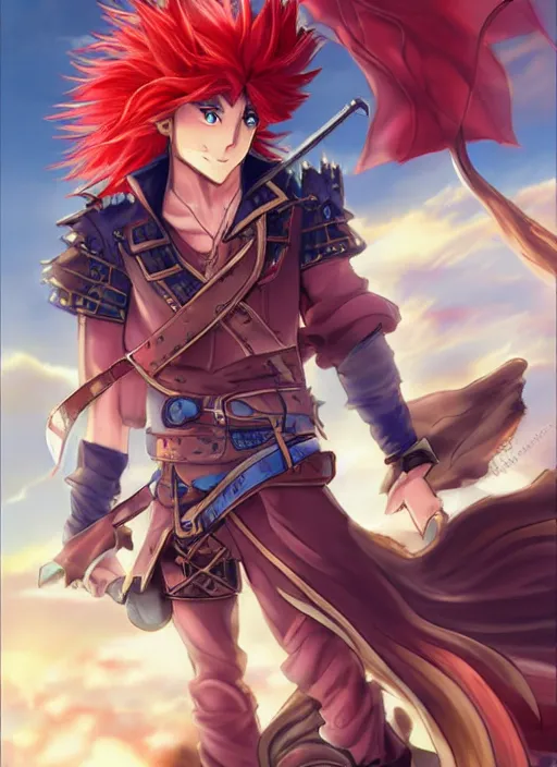 Prompt: An epic fantasy pokemon anime style portrait of a long haired, red headed male sky-pirate in front of an airship