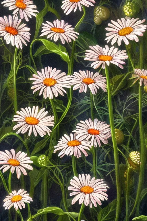 Prompt: beautiful digital matte painting of whimsical botanical illustration daisies and pearls by barclay shaw artstation