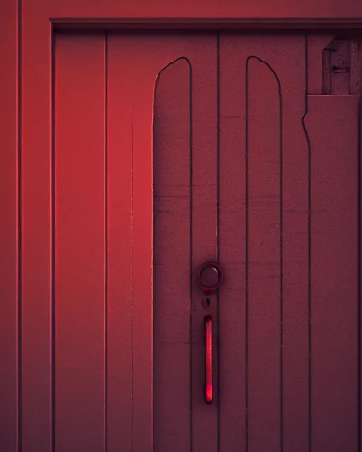 Prompt: heavy red iron door, grunge, dim, volumetric lighting, mist, artstation, sylvain sarrailh