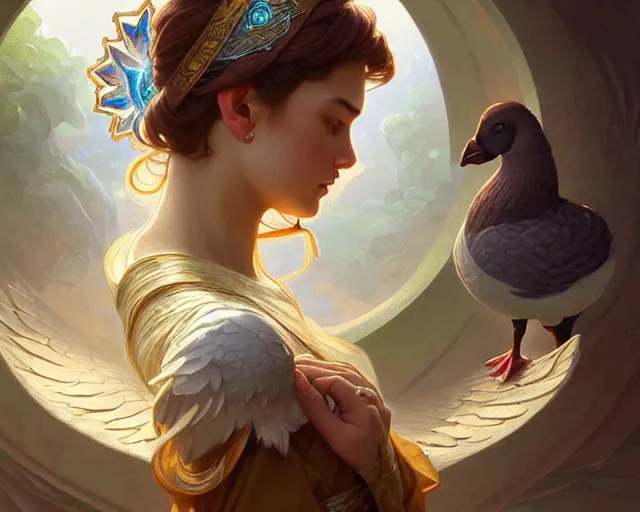 Image similar to a puzzled goose trying to find inner peace, deep focus, d & d, fantasy, intricate, elegant, highly detailed, digital painting, artstation, concept art, matte, sharp focus, illustration, hearthstone, art by artgerm and greg rutkowski and alphonse mucha