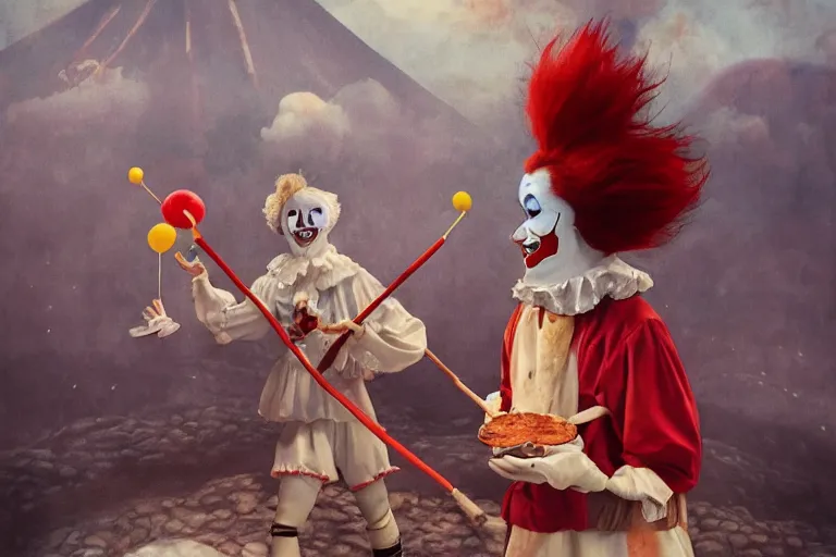 Image similar to pennywise as pulcinella! with a pizza! margherita! in front of vesuvius!, by esao andrews, by james jean, humorous illustration, hyperrealistic, big depth of field, warm colors, night scenery, low light, 3 d octane render, 4 k, conceptart, masterpiece, hyperrealistic, trending on artstation