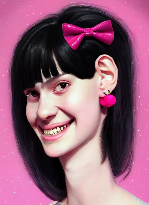 Image similar to portrait of high school girl, realistic, black hair, bangs, half updo hairstyle, pointy nose, skinny, smile, ugly, defined jawline, big chin, pink hair bow, earrings, intricate, elegant, glowing lights, highly detailed, digital painting, artstation, sharp focus, illustration, art by wlop, mars ravelo and greg rutkowski