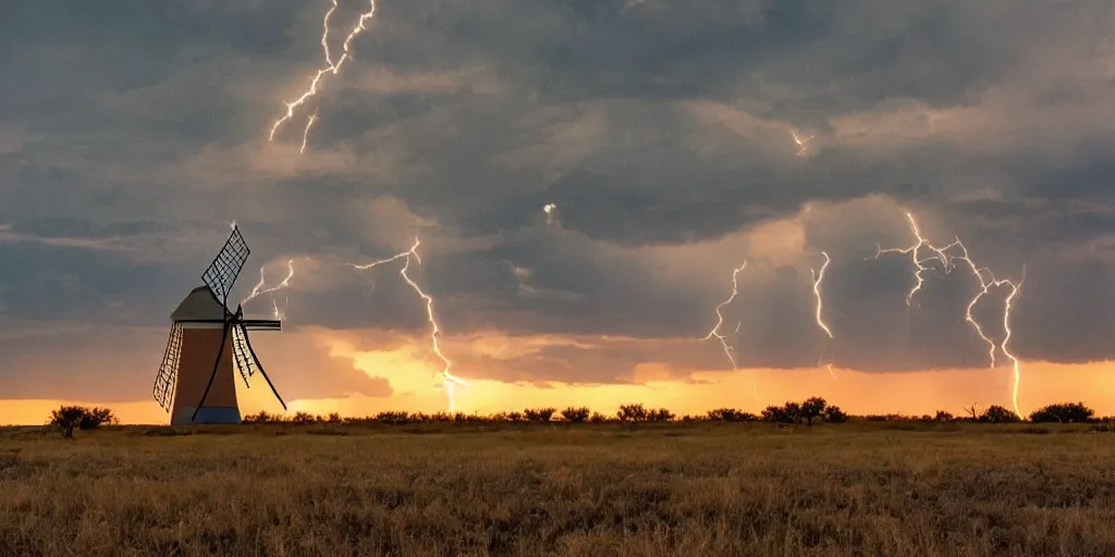 Prompt: photo of a stormy west texas sunset, perfect american windmill, film photo, lightning, golden hour, high quality, beautiful!!!