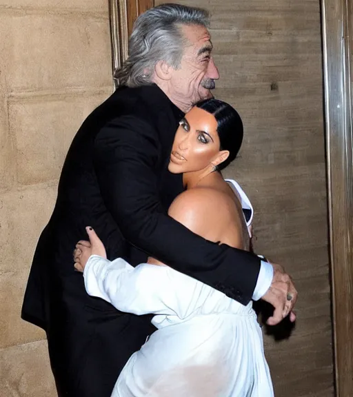 Prompt: robert deniro hugging kim kardashian in an abandoned mafia mansion