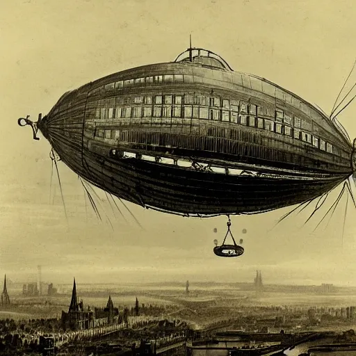 Image similar to a photograph of a steampunk dirigible floating above london in the 1 8 6 0