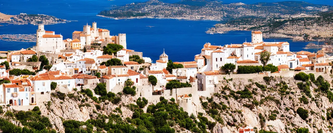 Image similar to 35mm photo of the Spanish castle of Salobrena on the top of a large rocky hill overlooking a white Mediterranean town, white buildings with red roofs, small square white buildings, ocean and sky by June Sun