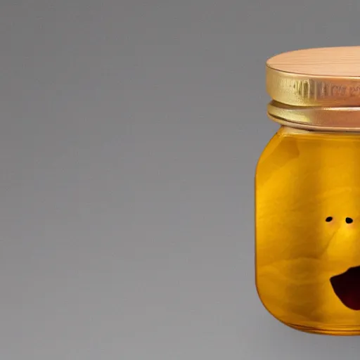 Image similar to a jar of honey made out of winnie the pooh's head, claymation, deep lighting