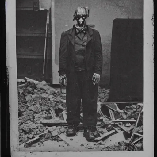 Prompt: a cabinet photo of a scary Zombie lurking at a dark corner of a demolished building at night on the 1800s