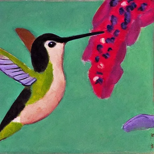 Prompt: hummingbirds eating from a feeder painting by matisse