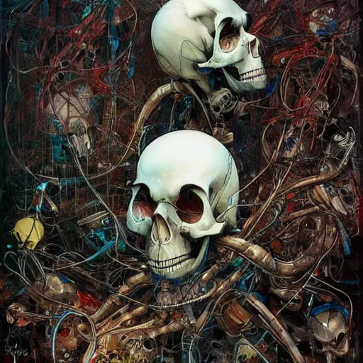 Image similar to skulls cyberpunk skulls wires cybernetic implants, in the style of adrian ghenie, esao andrews, jenny saville,, surrealism, dark art by james jean, takato yamamoto
