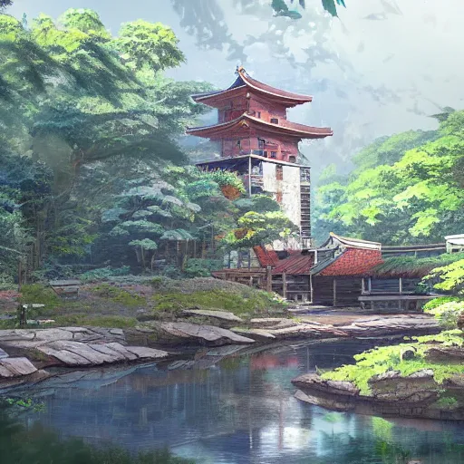 Image similar to concept art painting of a historic mill with japanese architecture, by a river in a woodland village surrounded by trees and mountains, realistic, detailed, cel shaded, in the style of makoto shinkai and greg rutkowski and james gurney