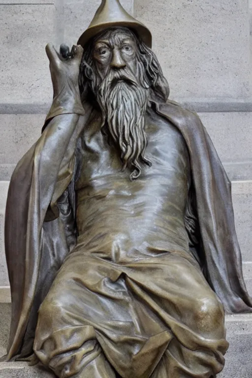 Image similar to Une statue monumentale en plein-pied de Gandalf, bronze poli, fonte à la cire perdue, Collection du Musée du Louvre